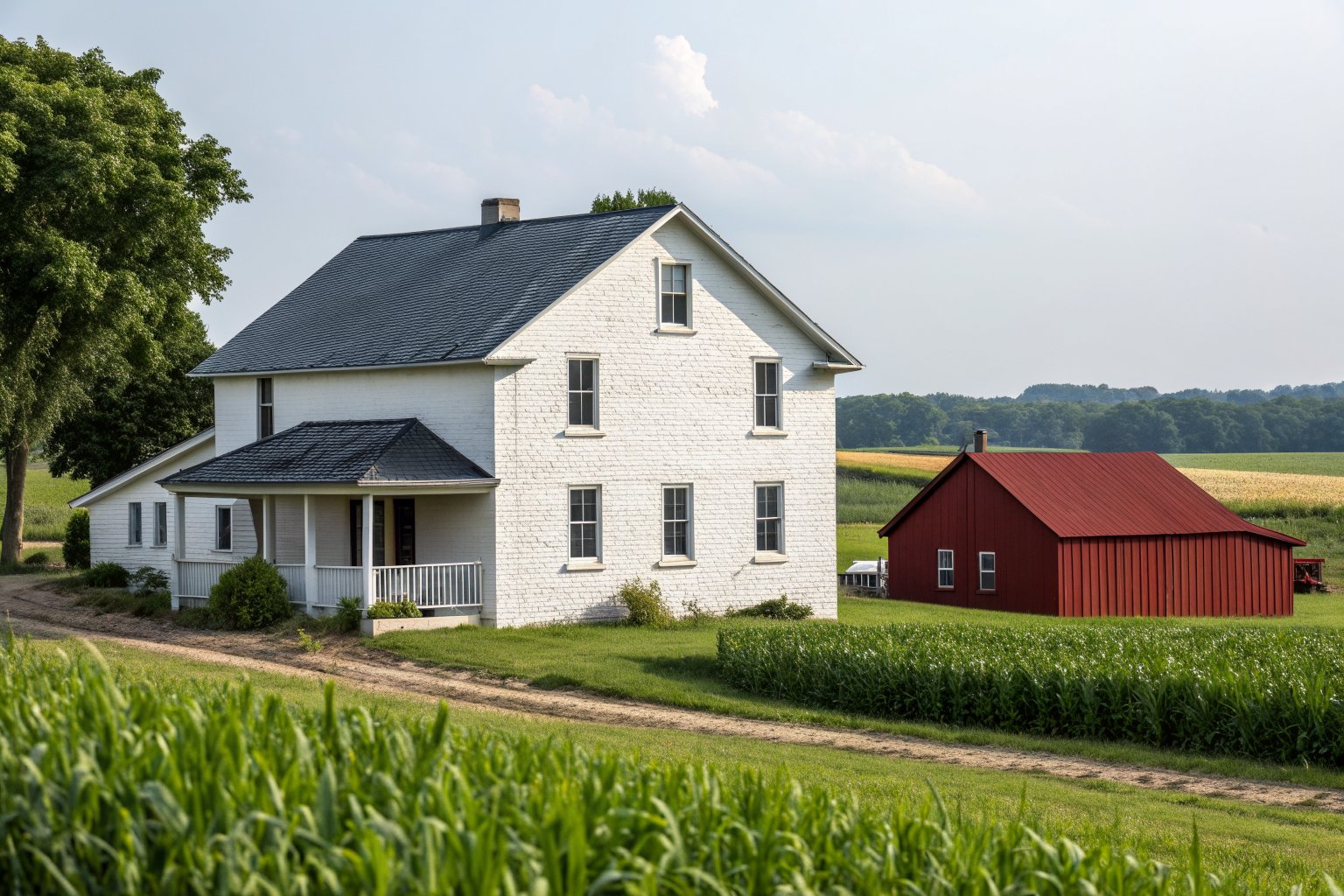 A white brick farmhouse with a dark gray metal roof beside a cornfield and red barn