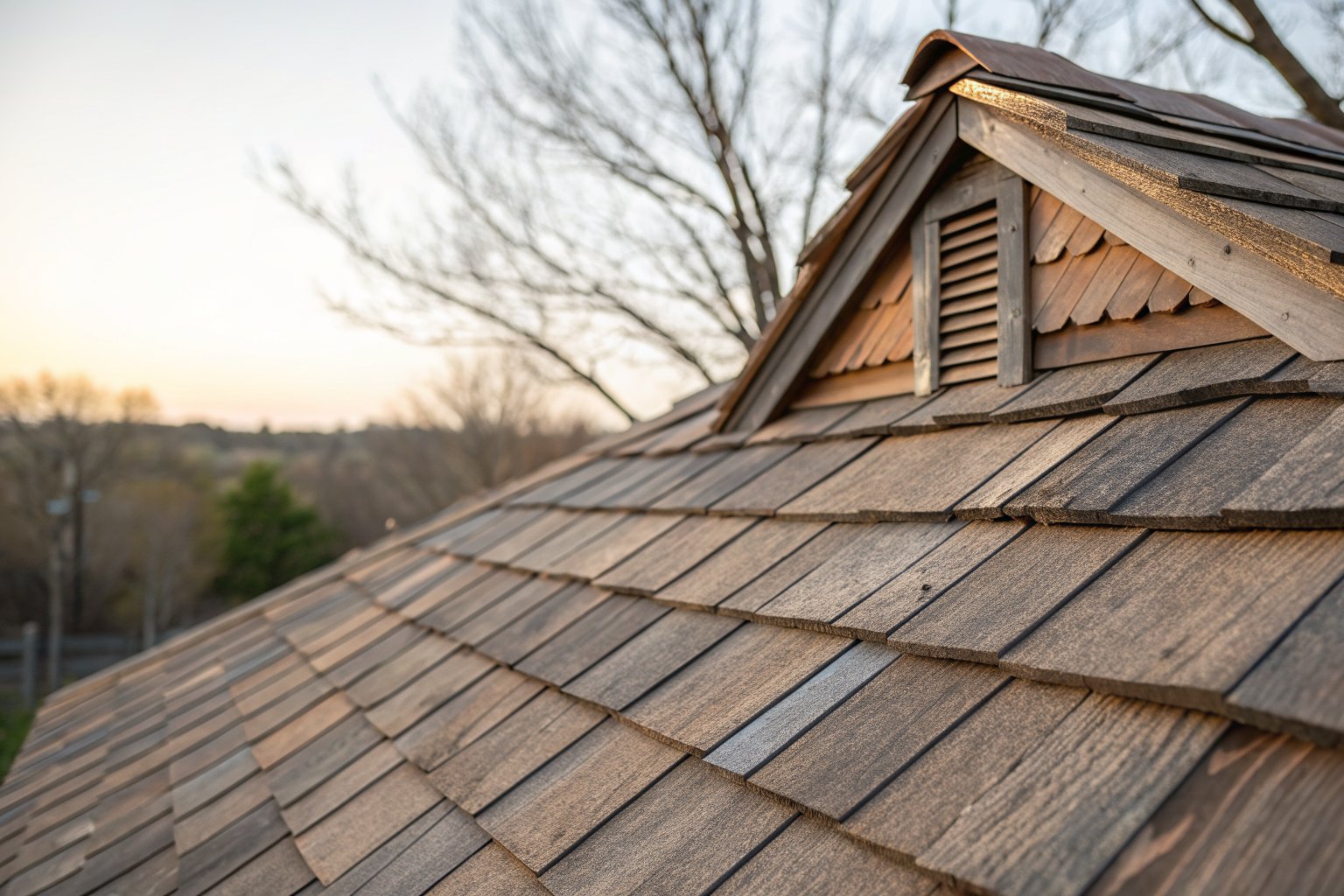 Weathered brown wood shakes on a roof slope below a small gable vent