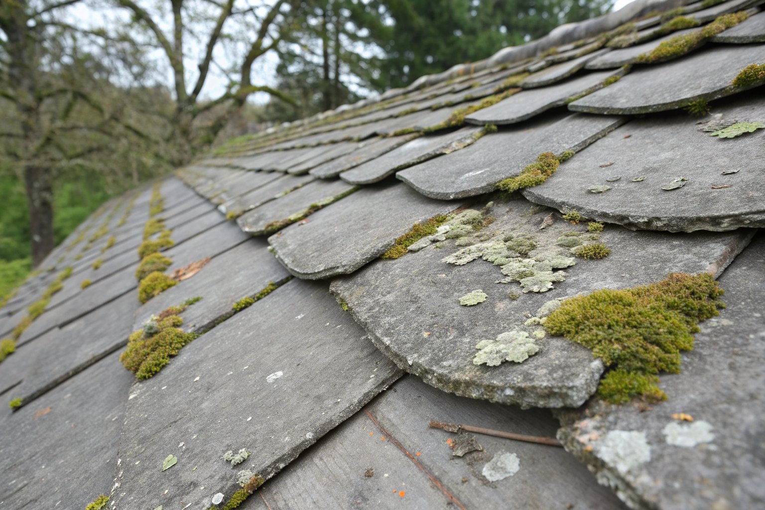 Close view of old gray shingles, cupped and curling, with moss and lichen