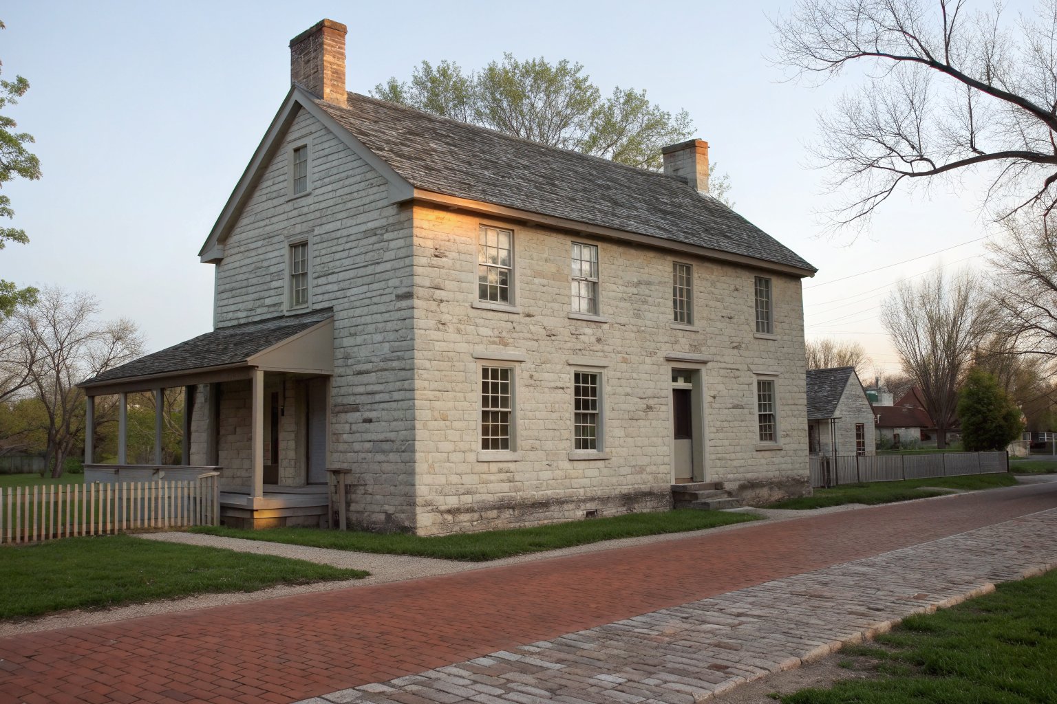 An early 1800s two-story limestone house with a gray shingle roof beside a brick sidewalk