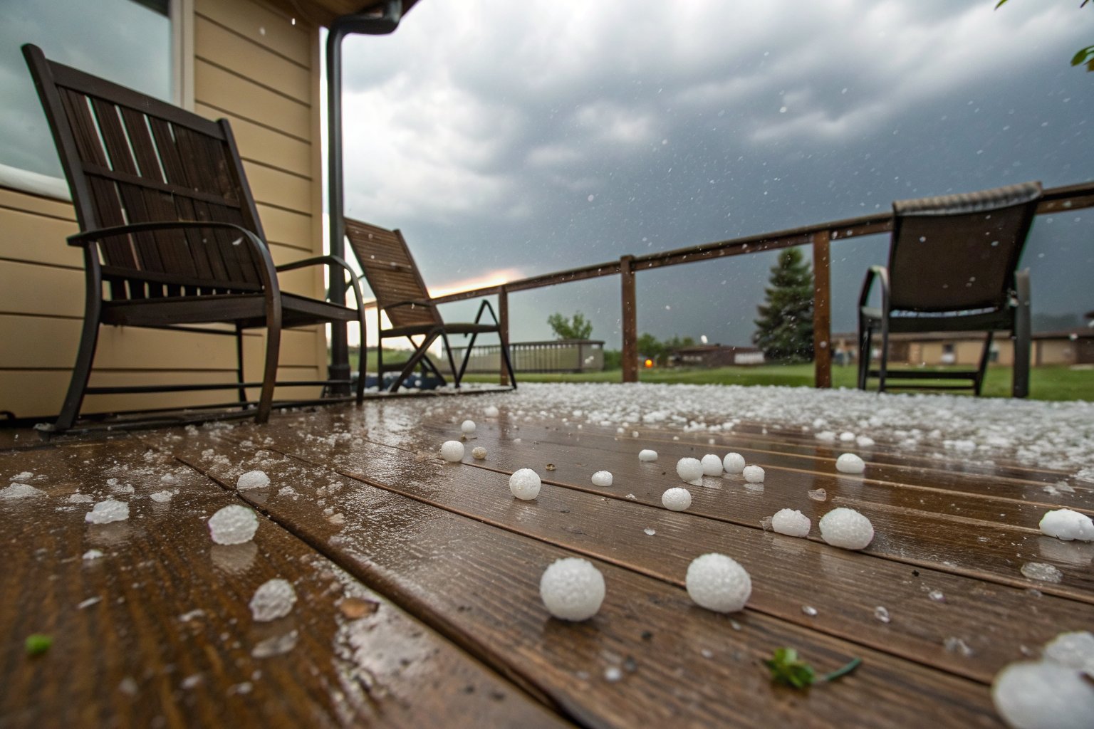 Golf-ball-size hailstones scattered across a wet wooden deck after a storm