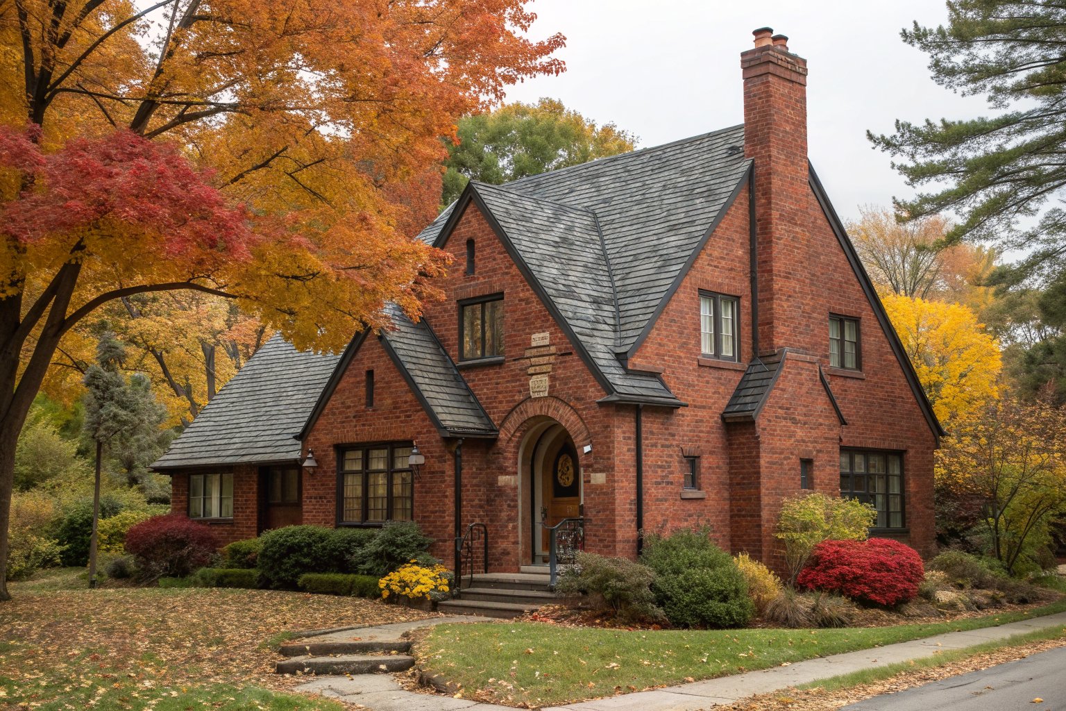 A red brick Tudor-style house with a steep charcoal shingle roof and tall chimney among autumn maples