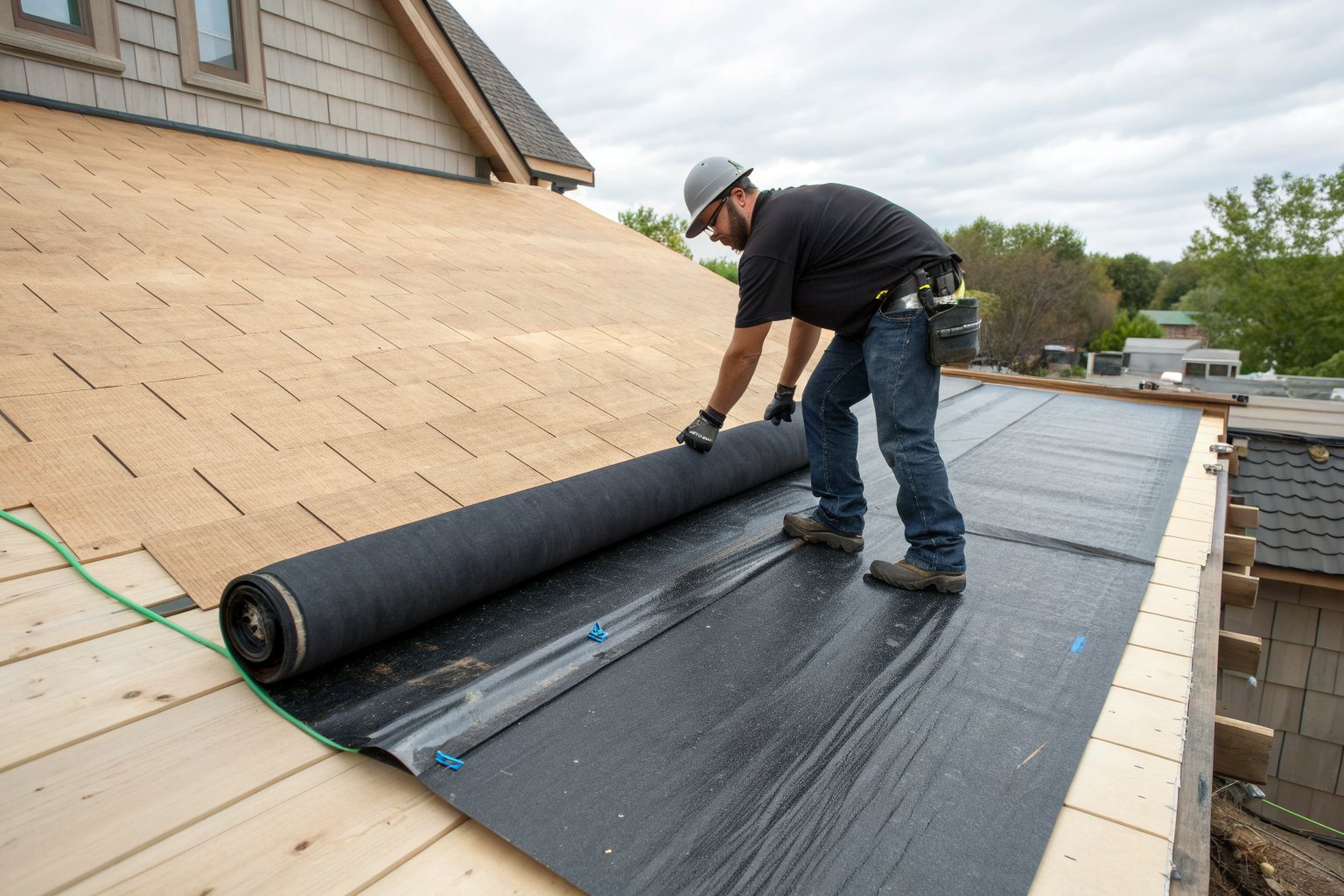 A roofer rolling dark ice and water barrier along the bare wooden eave of a roof