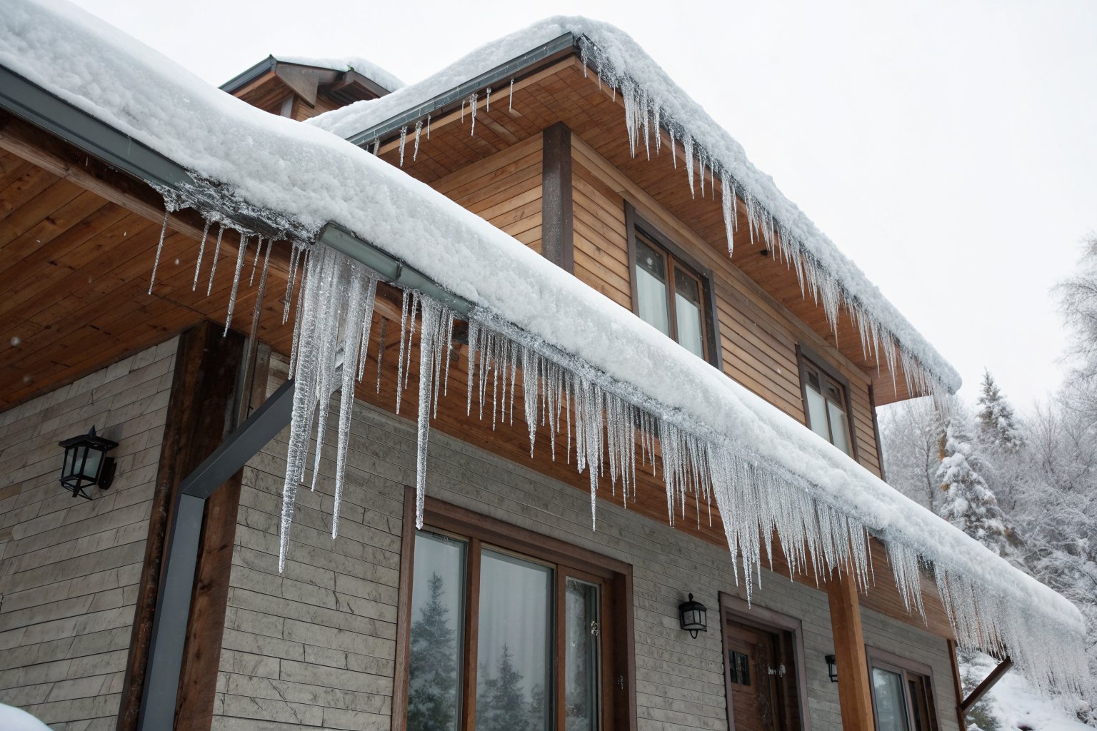 Long icicles and an ice ridge along the gutter and roof edge of a two-story house in winter