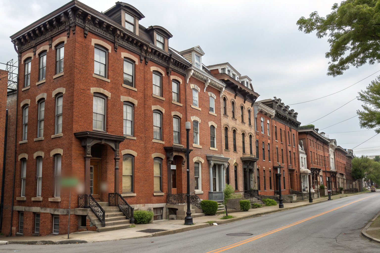 A row of 1880s Italianate brick townhouses with tall windows and bracketed cornices