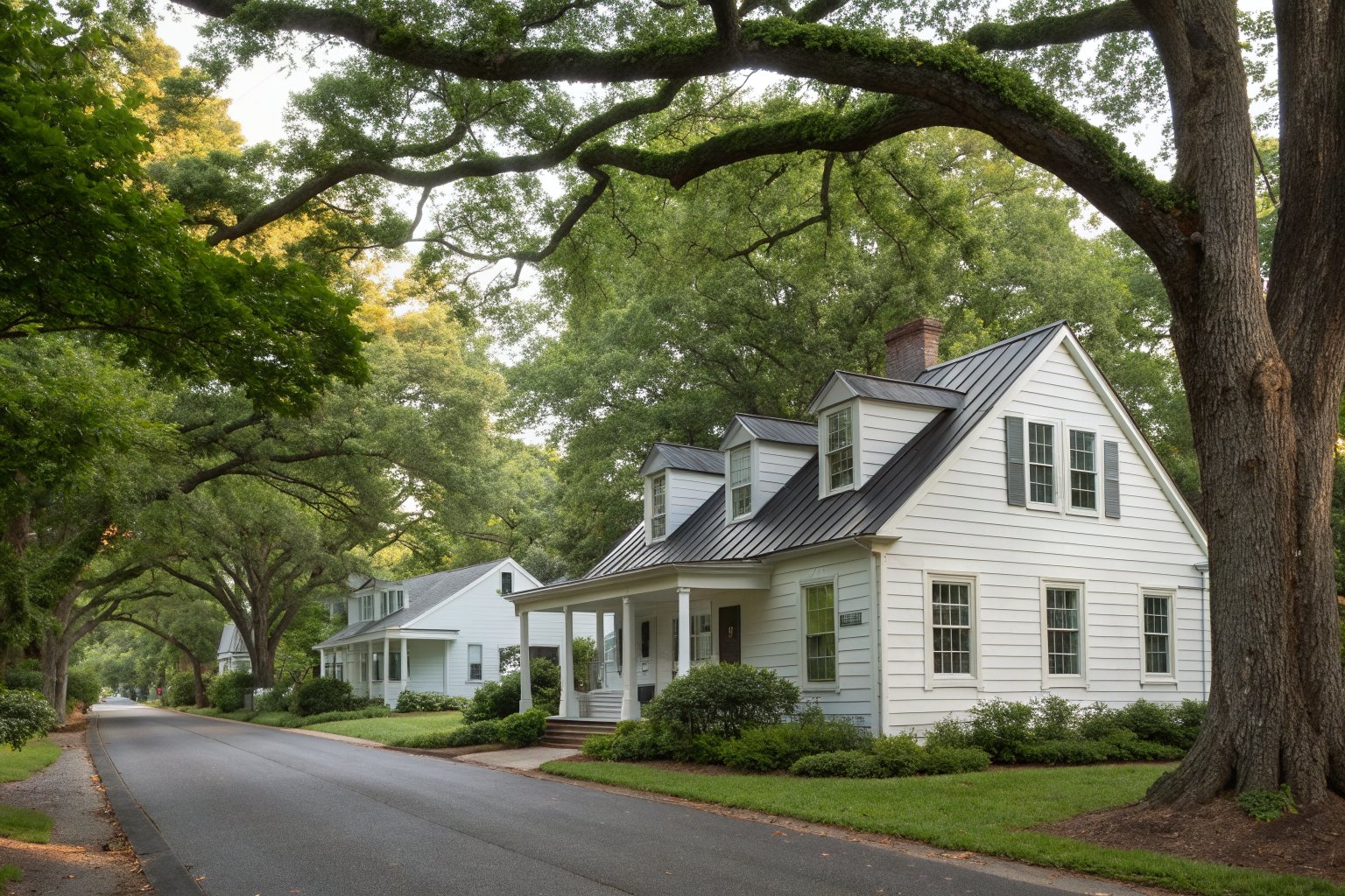 A white Cape Cod house with two dormers and a charcoal standing-seam metal roof under oak trees