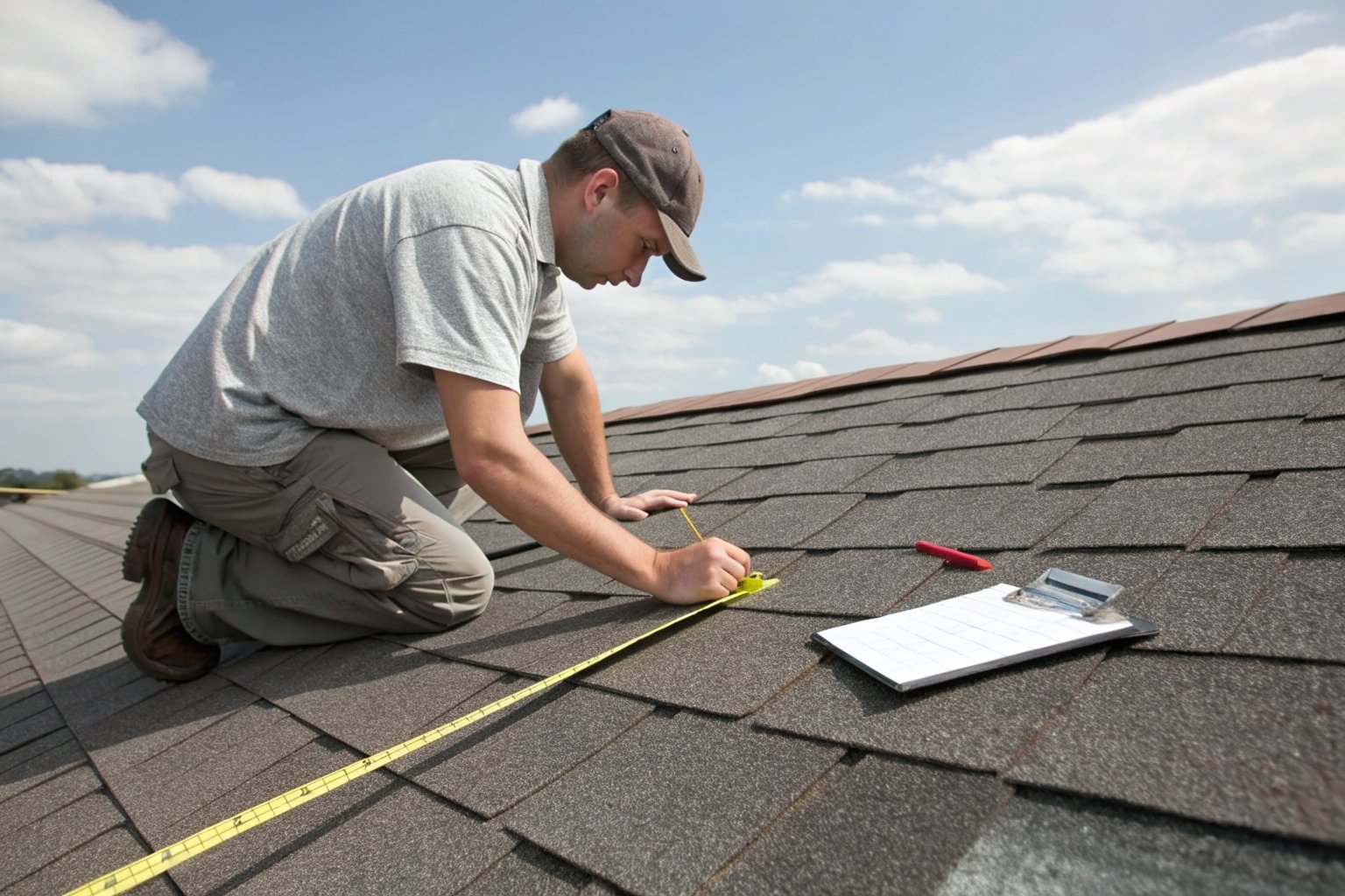 A roofer kneeling on a shingle roof and measuring with a tape, a notepad beside him