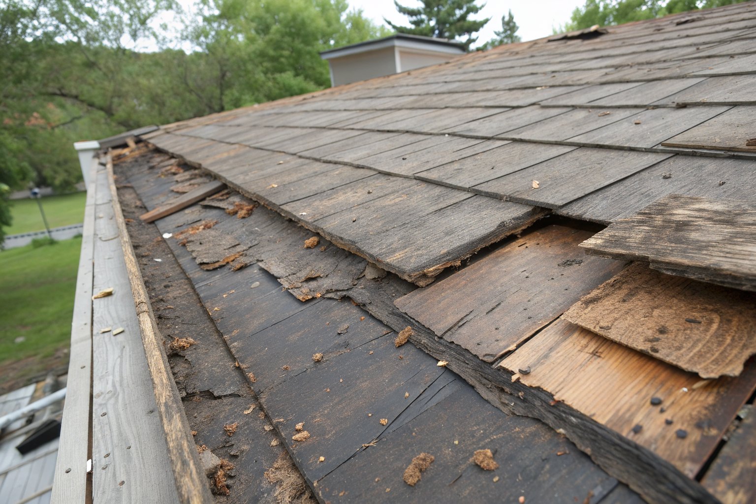 Dark, rotted roof decking exposed at the eave after old shingles came off