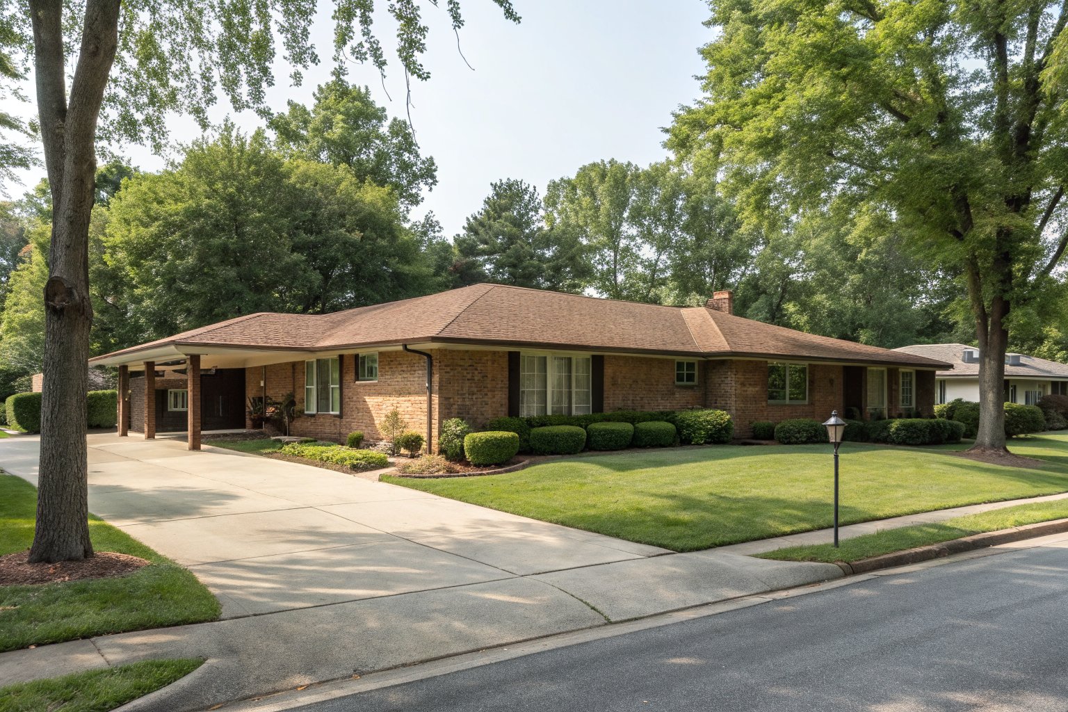 A 1960s brick ranch house with a low brown shingle roof and carport on a quiet street
