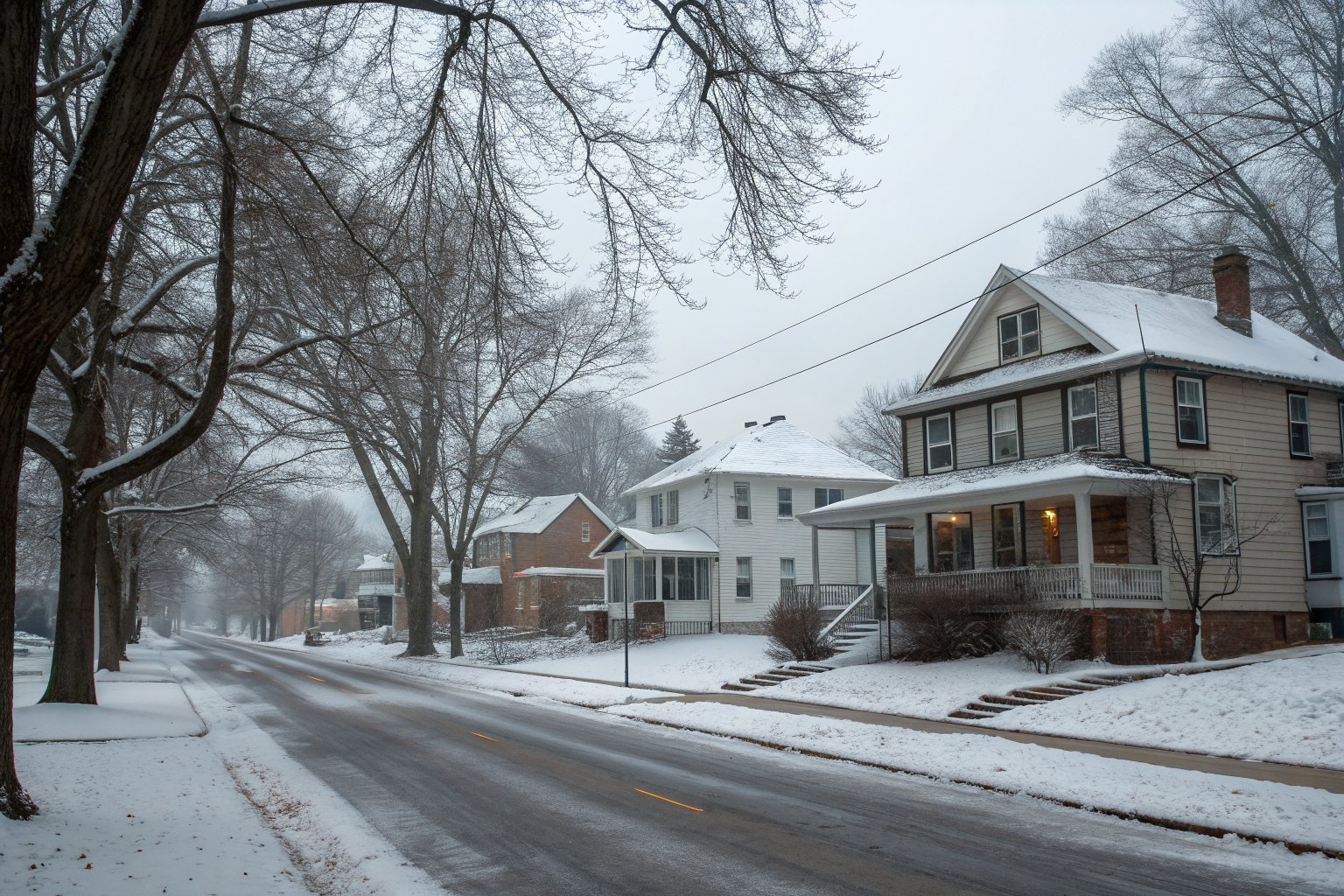 Older two-story houses with snow-covered roofs on a gray winter morning