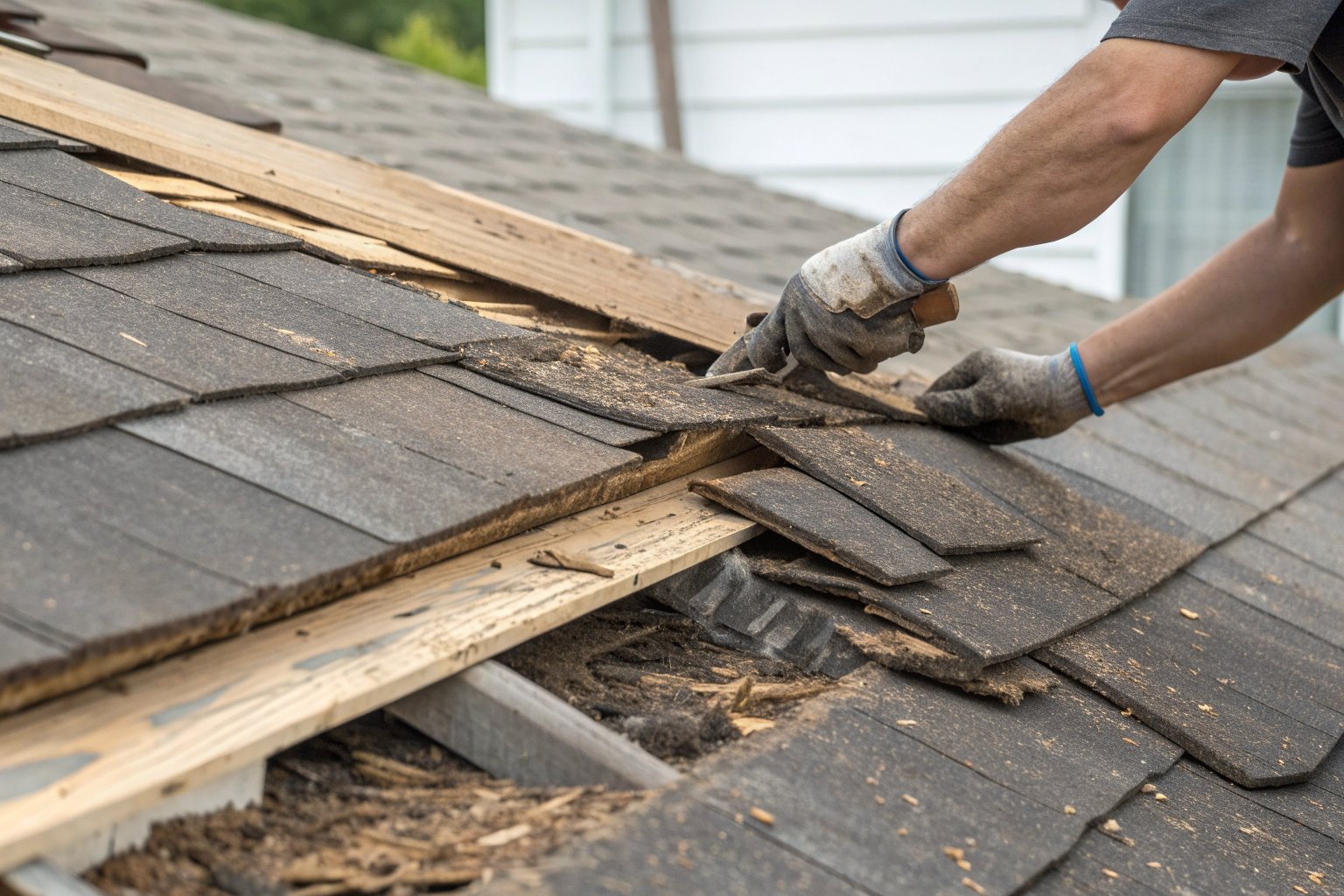 A roofer's gloved hand lifting worn shingles at the eave to check the layers beneath