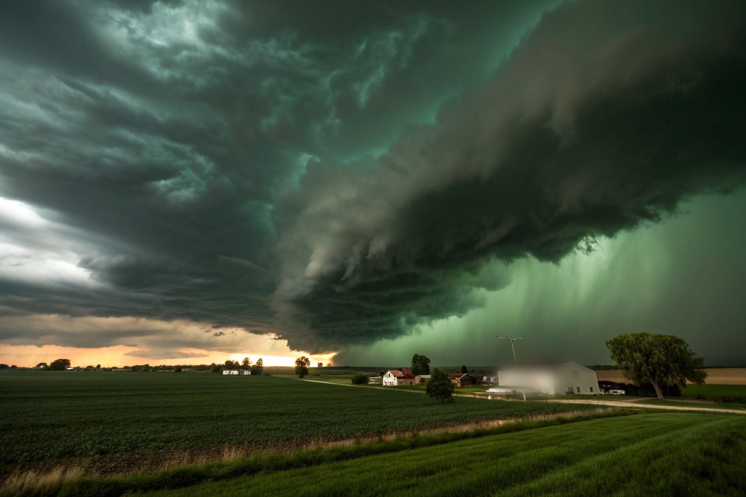 A dark green-gray thunderstorm sweeping over flat farmland and farmhouses