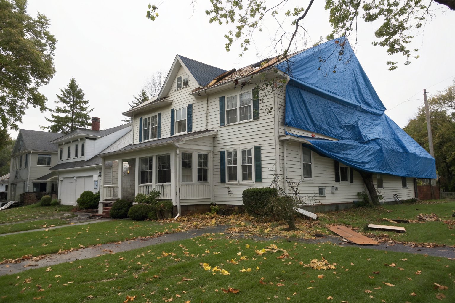 A blue tarp strapped over part of a two-story house roof after a windstorm