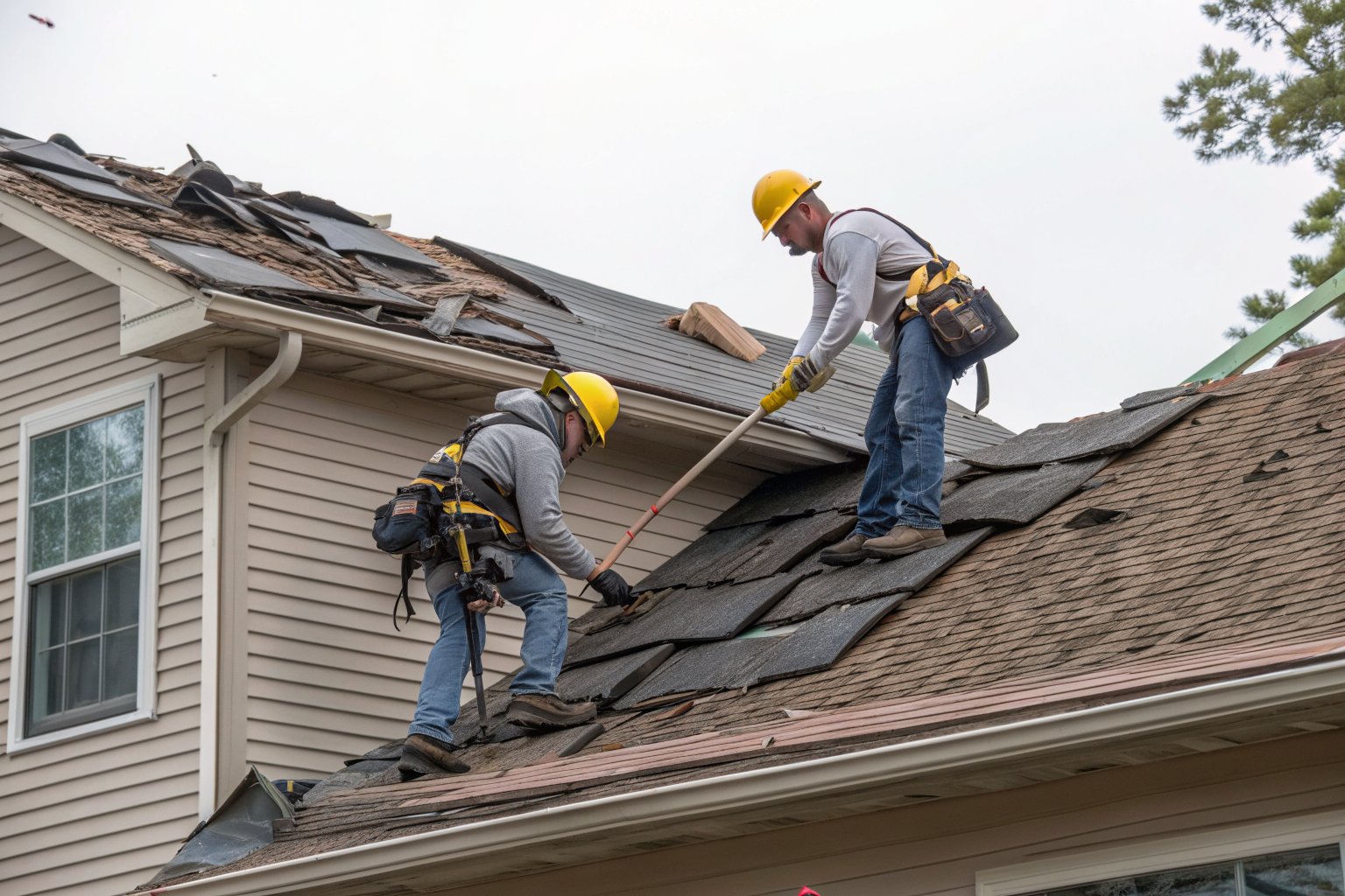 Two roofers in hard hats stripping old shingles from a two-story house roof
