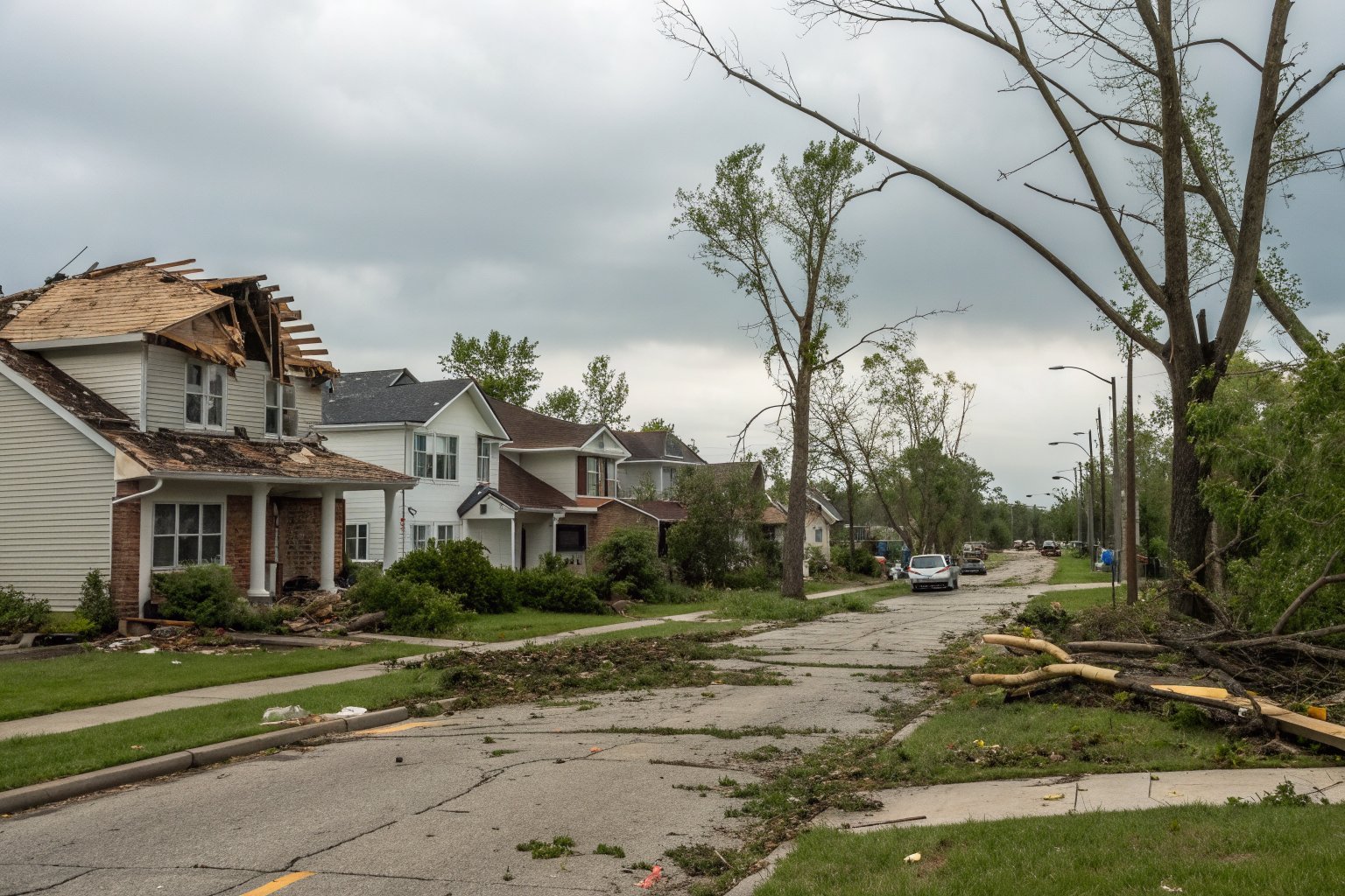 A residential street after a tornado, with roofs torn open and tree limbs on the lawns
